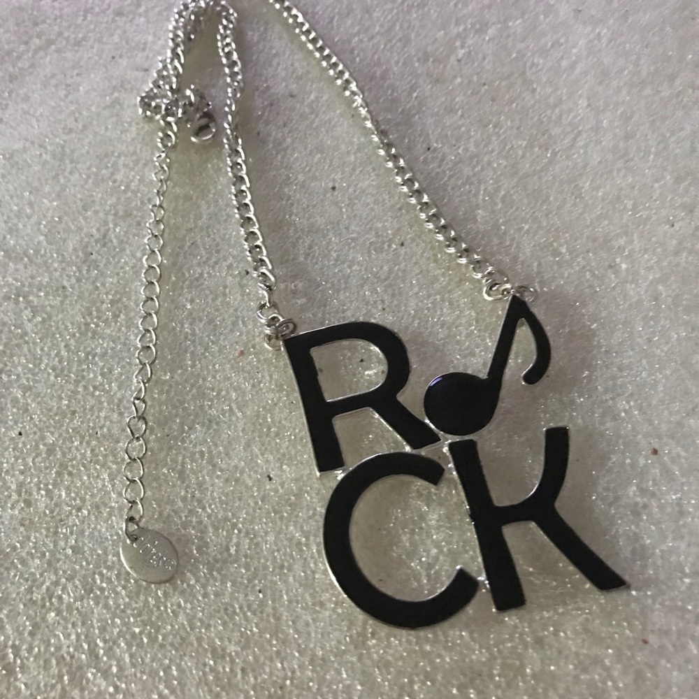 Silver Chain Necklace with Black 'ROCK' Pendant